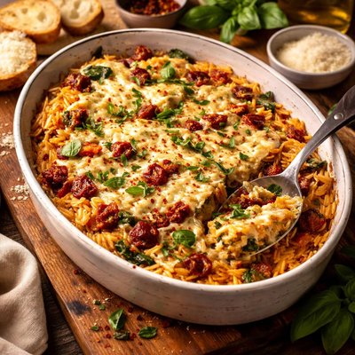 Image of Sun Dried Tomato and Herbed Cheesed Baked Orzo