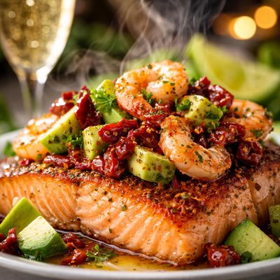 Image of Sun Dried Tomato Avocado and Prawn Topped Salmon with a Champag