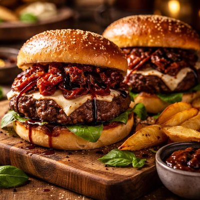 Image of Sun Dried Tomato Burgers with Balsamic Glazed Onions