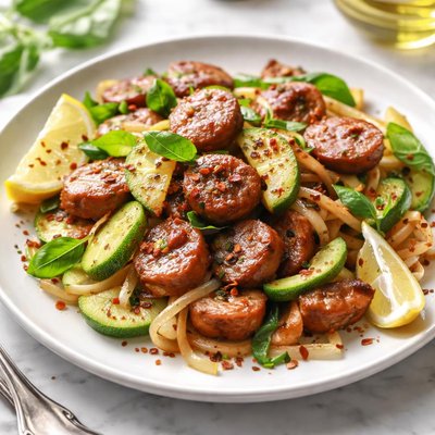 Image of Sun Dried Tomato Sausage with Chayote Zucchini and Onions