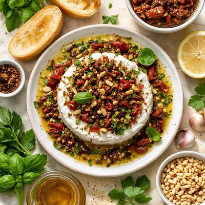 Image of Sun Dried Tomatoes and Herb Marinade Over Goat Cheese
