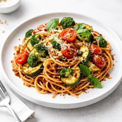 Image of Sun Dried Tomatoes Pesto Pasta with Seasoned Veggies