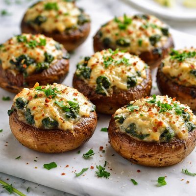 Image of Super Easy Cheese and Spinach Stuffed Mushrooms