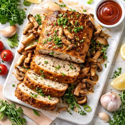 Image of Super Easy Healthy Chicken Meatloaf with Wild Mushrooms