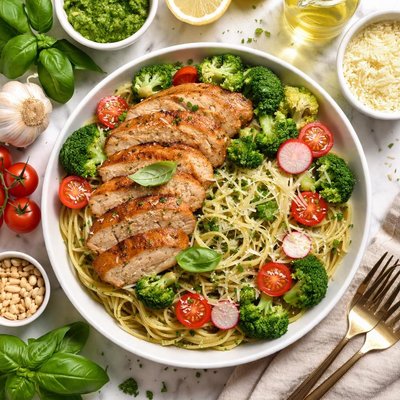 Image of Super Vegetable Pesto Pasta with Pan Seared Oven Roasted Chicken