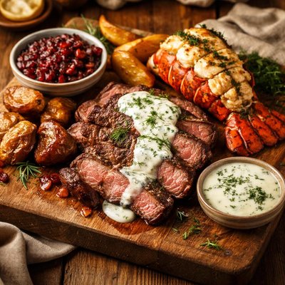 Image of Surf and Turf with Dill Sauce and Onionberry Chutney