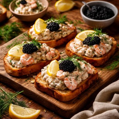 Image of Swedish Creamy Dill Prawn Toasts with Caviar Skagenrora