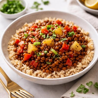Image of Sweet and Sour Lentils Over Brown Rice