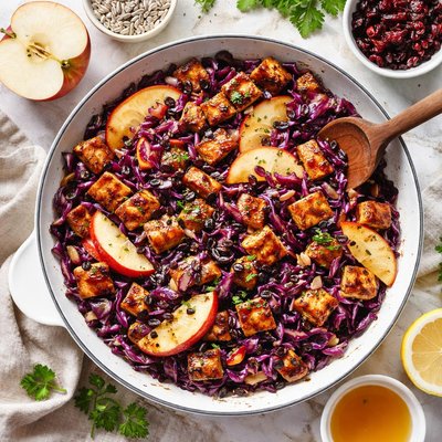 Image of Sweet and Sour Red Cabbage with Apples and Tempeh