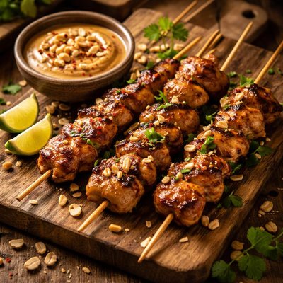 Image of Sweet Chicken Skewers with a Peanut Dip