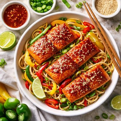 Image of Sweet Chili Salmon with Three Peppers and Udon Noodles