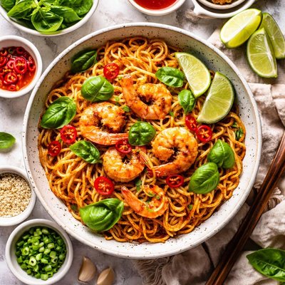Image of Sweet Chilli Prawn Shrimp and Basil Noodles