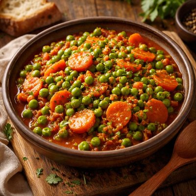 Image of Sweet Peas and Carrots in a Tomato Sauce