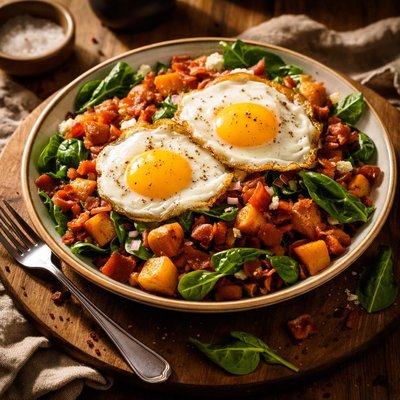 Image of Sweet Potato Bacon Spinach Salad W Fried Eggs