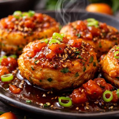 Image of Sweet Potato Cakes with Tomato Soy Sauce