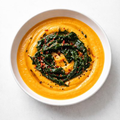 Image of Sweet Potato Soup with Harissa Spinach