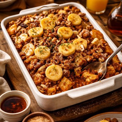 Image of Sweet Sausage French Toast Casserole with Caramelized Bananas