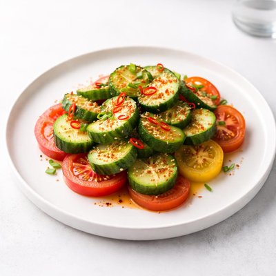 Image of Sweet Spicy Cucumbers Over Tomatoes