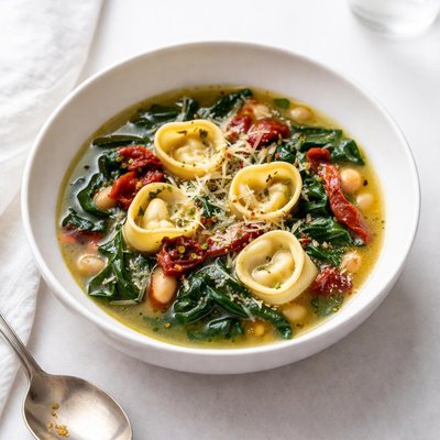 Image of Swiss Chard Soup with Tortellini and Sun Dried Tomatoes