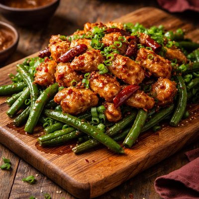 Image of Szechwan Chicken Over String Green Beans