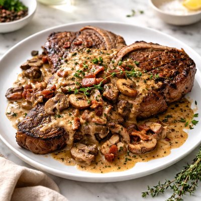 Image of T Bone Steak with Bacon Mushroom Sauce
