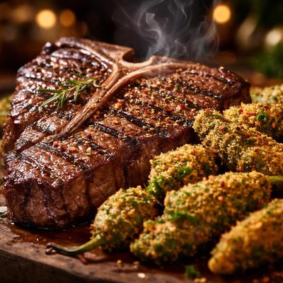 Image of T Bone Steak with Breaded Fried Green Peppers