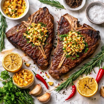Image of T Bone Steaks with Garlic and Chili Butter