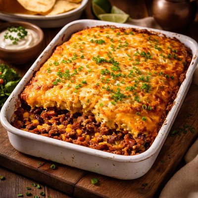 Image of Taco Casserole with Onion Cornbread Cheese Topping