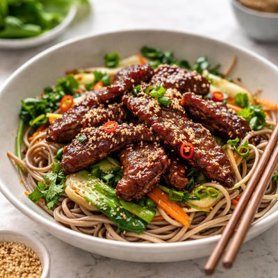 Image of Tamari and Maple Syrup Beef on Soba Noodles