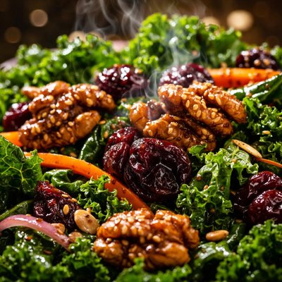 Image of Tangy Autumn Greens with Tamari Roasted Walnuts Dried Cherries