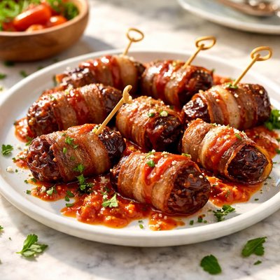 Image of Tapas Bacon Wrapped Dates and Sweet Red Bell Pepper Sauce
