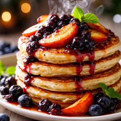 Image of Tasty Nectarine Buttermilk Pancakes Wild Blueberry Sauce