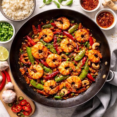 Image of Tasty Stir Fry Szechuan Prawns Shrimps