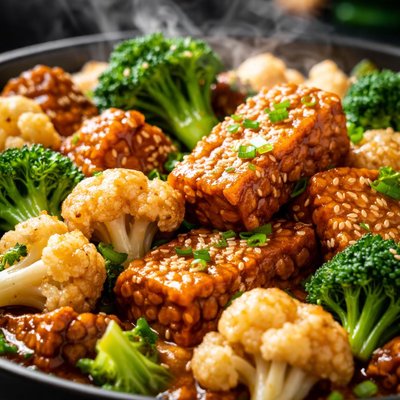 Image of Tempeh Sukiyaki with Broccoli Cauliflower