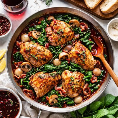 Image of Tender Chicken and Baby Spinach in Red Wine