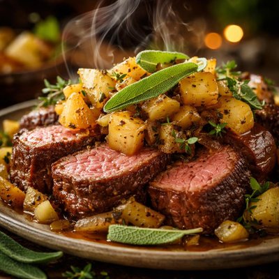 Image of Tenderloin Asada with Sage and Savory Apples