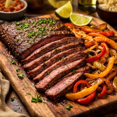 Image of Tequila Lime Flank Steak with Peppers and Onions