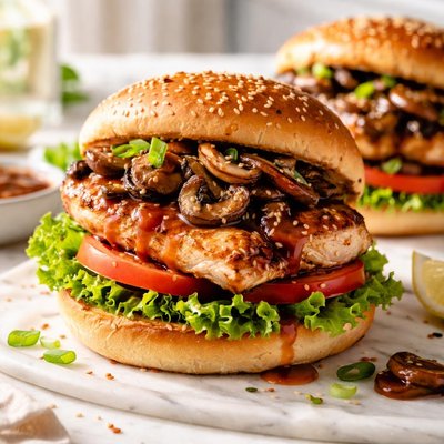 Image of Teriyaki Chicken Burgers with a Teriyaki Mushroom Sauce