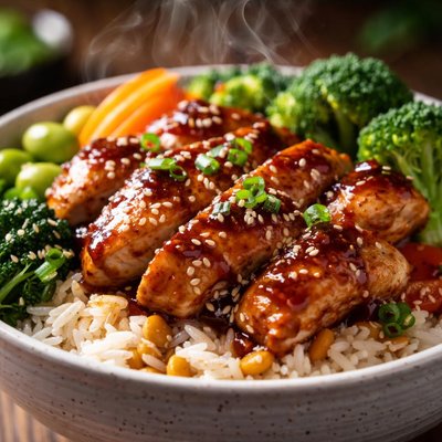 Image of Cuenco de arroz con pollo teriyaki keto y verduras