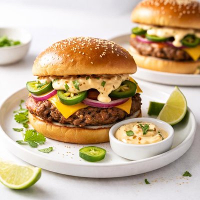 Image of Tex Mex Cheeseburgers with Chili Lime Mayo