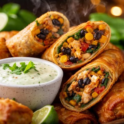 Image of Tex Mex Egg Rolls with Creamy Cilantro Dipping Sauce