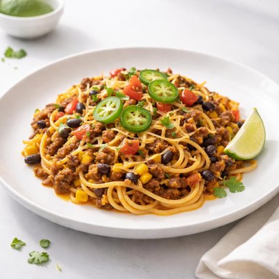 Image of Tex Mex Spaghetti Crock Pot Served