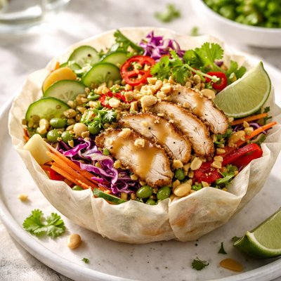 Image of Thai Chicken Salad in a Spring Roll Bowl