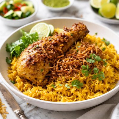 Image of Thai Chicken with Crispy Shallots in Yellow Rice Kao Moke Gai