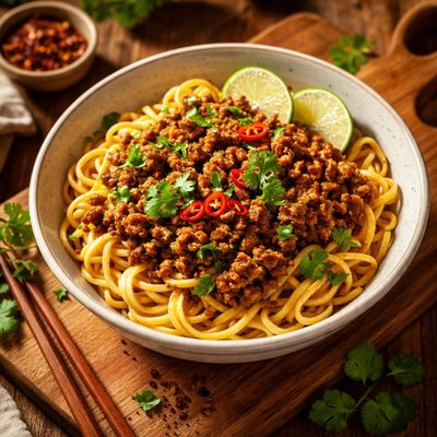 Image of Thai Noodles with Curried Ground Beef Sauce