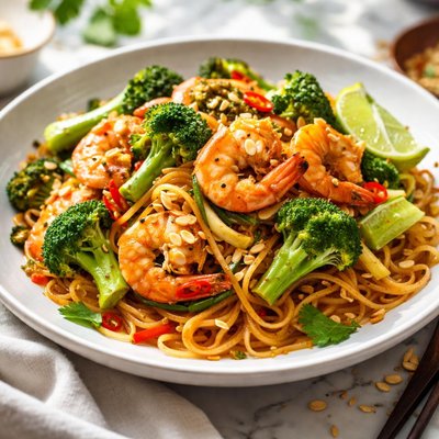 Image of Thai Noodles with Prawns and Broccoli Stirfry