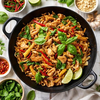 Image of Thai Stir Fried Rice Noodles with Basil and Chillies Kway Teow