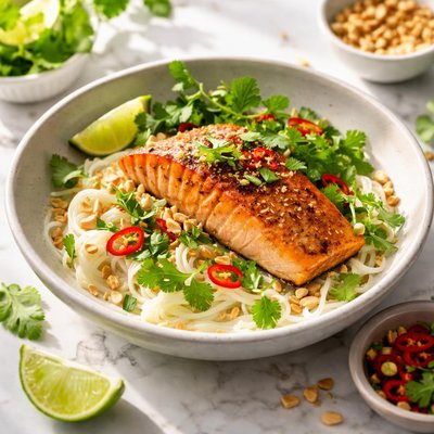 Image of Thai Style Salmon on Coconut Milk Noodles