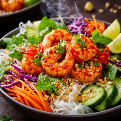 Image of Thai Style Spring Roll Salad with Red Curry Shrimp