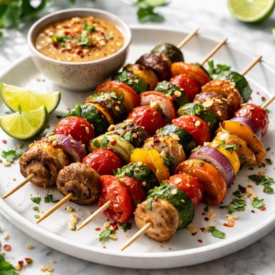 Image of Thai Style Veggie Kabobs with Spicy Peanut Sauce